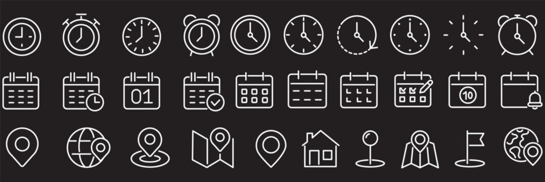 Date Address Time Line Icon, clock, calendar, and location pin symbols, delivery, meeting, office, planning, navigation, and scheduling concept, editable line vector illustration.