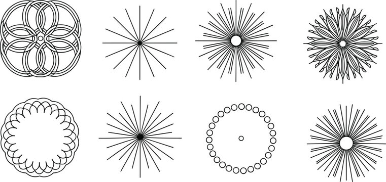 Collection of eight geometric abstract patterns with radial symmetry and spirograph‑style designs in black outline