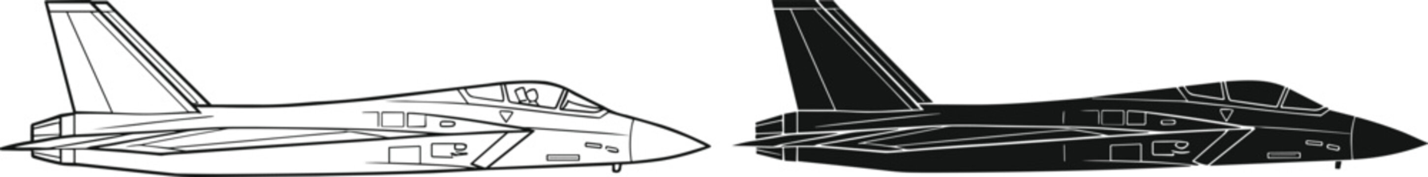 Fighter jet side view line art and silhouette set, modern military aircraft vector in black and white for aviation design use