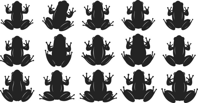 Frog silhouette set vector illustration, top view amphibian collection with different poses, wildlife nature design elements isolated on clean background