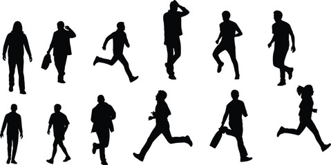 Fototapeta premium People walking and running silhouettes set, business and casual human motion poses isolated, active lifestyle and urban movement design elements
