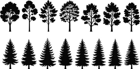 Fototapeta premium Tree silhouettes collection vector set, deciduous and pine forest shapes isolated, nature woodland icons for landscape, environment and outdoor design projects