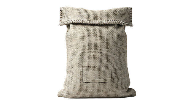 A beige cloth bag with a pocket and folded top sits on a white background.