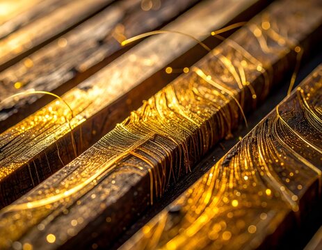 Striking macro abstract photography showcasing the rough intricate parallel lines of a glowing golden textured surface.