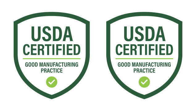 USDA Certified Good Manufacturing Practice Seal with Shield Icon and Checkmark for Organic Product Safety, Food Standards, and Quality Compliance