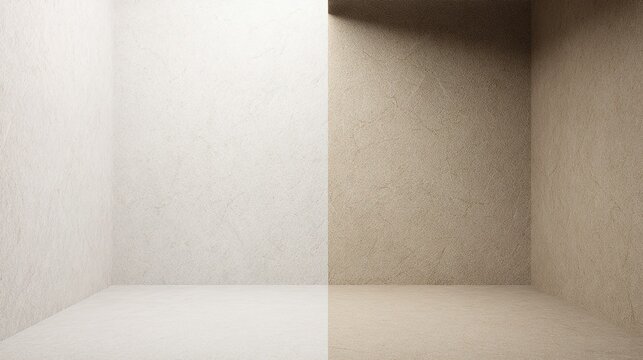 comparison. Comparison of empty room corners highlighting different wall textures under natural light. real-estate listings.