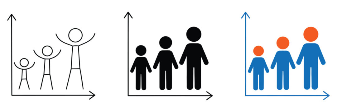 Human growth chart icon with multiple figures, symbolizing development stages, demographic data, population analysis, height tracking, and generational change over time, editable vector illustration