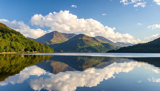 Picturesque Scottish Loch Lomond landscape with reflections of mountains and clouds
