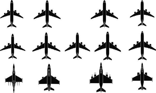 Airplane top view silhouette collection with various aircraft types, black and white aviation vector set for transport and travel design use