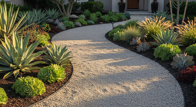 A beautiful residential arizona front yard featuring a winding gravel pathway flanked by drought tolerant succulents, ornamental grasses, and cacti.