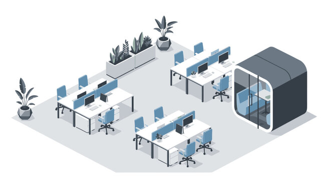 Modern open-plan office space with workstations, plants, and a private meeting pod, isometric view