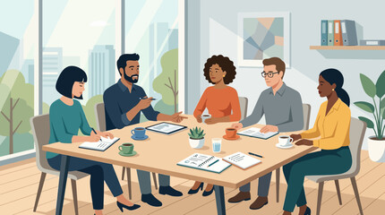 Obraz premium Diverse Business Team Collaborating in a Modern Office Meeting Vector Illustration
