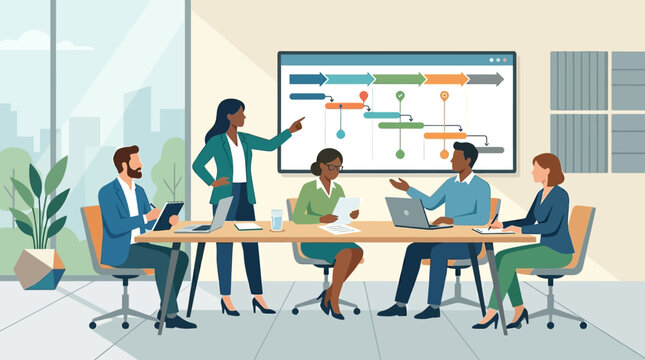 Project Management and Business Strategy Meeting with Diverse Professional Team Collaborating on Timeline in Modern Office