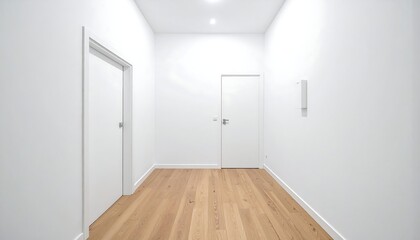 Fototapeta premium Minimalist hallway with white walls, light wooden floors, and two doors