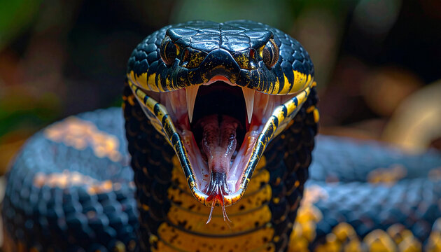 King cobra displaying fangs close up