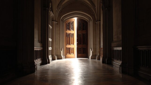 ajar. A tall ornate wooden door ajar at the end of a long corridor, light spilling from within. real-estate listings.