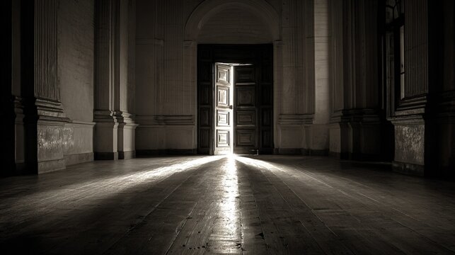 ajar. A tall ornate wooden door ajar at the end of a long corridor, light spilling from within. real-estate listings.