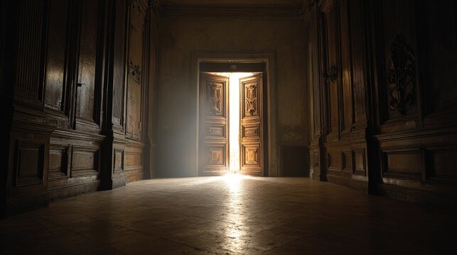 ajar. A tall ornate wooden door ajar at the end of a long corridor, light spilling from within. real-estate listings.