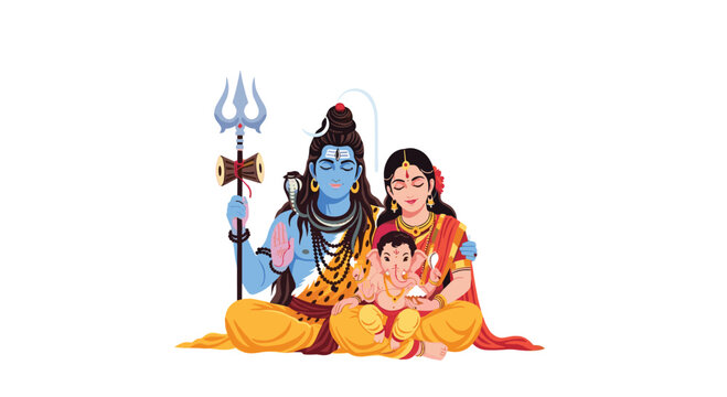 The divine Hindu family of Shiva Parvati and Ganesha sits together in a peaceful embrace featuring soft lighting and a prominent silver trishula staff.