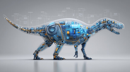 Fototapeta premium Transparent Mechanical Dinosaur Robot with Glowing Blue and Gold Internal Components