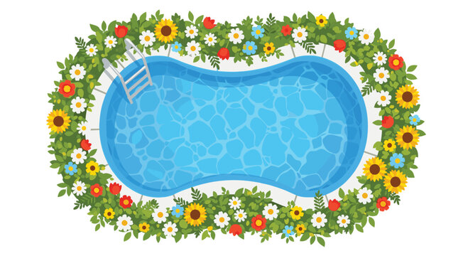 A vibrant top-down perspective showcases a kidney-shaped blue swimming pool elegantly bordered by a dense ring of colorful daisies, sunflowers, and green leaves.
