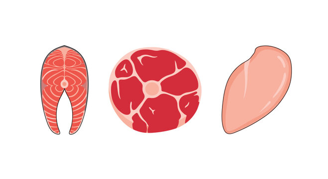 Three diverse portions of fresh raw protein including a pink salmon steak, a marbled red beef cut, and a pale chicken breast on a clean white background.