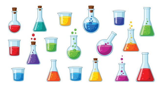 A diverse collection of glass laboratory flasks and beakers contain vibrant bubbling liquids in a wide spectrum of bright colors against a light background.