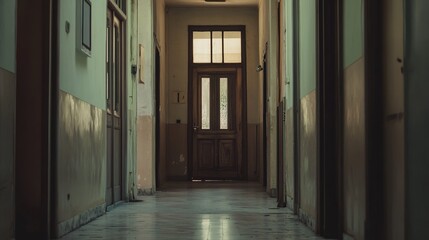 Obraz premium ajar. A tall ornate wooden door ajar at the end of a long corridor, light spilling from within. real-estate listings.
