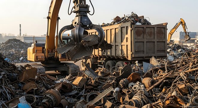 Industrial machinery loads scrap metal into a truck outdoors on a sunny day