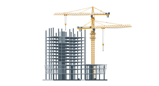 A complex multi-story building skeleton under construction with two large yellow tower cranes positioned against a stark and minimalist white background.