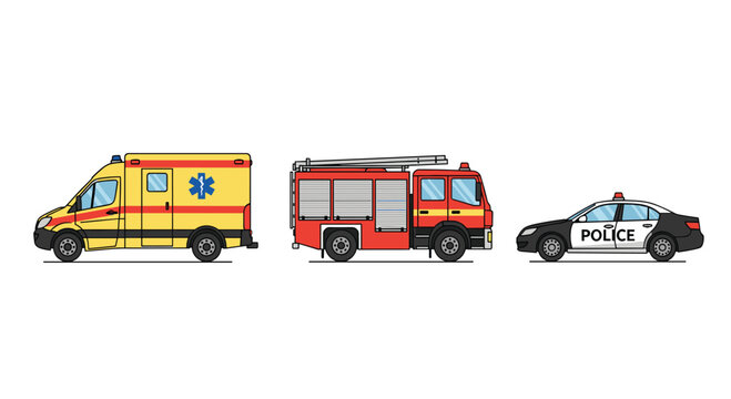 Three meticulously detailed emergency response vehicles featuring a modern yellow ambulance, a red fire engine, and a police sedan positioned on a white background.