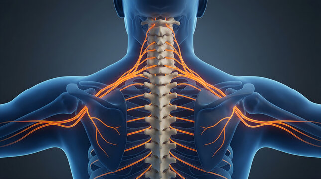 Human nervous system anatomy medical illustration showing nerves and spinal cord