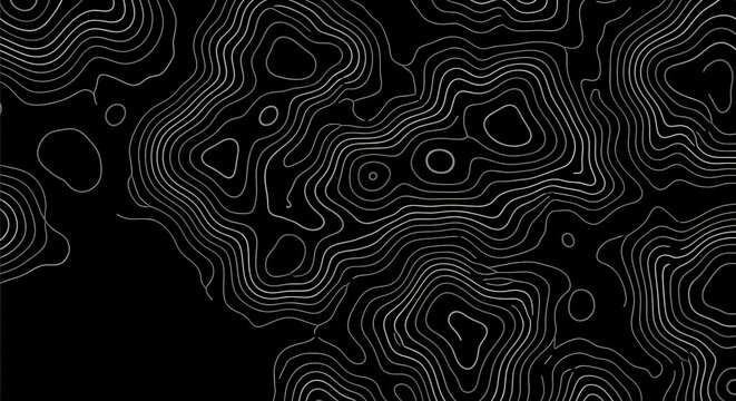 Abstract topographic contour map background with dark terrain lines, geographic elevation cartography, relief landscape topography vector illustration on black surface.