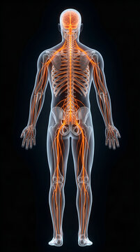 Detailed 3D rendering of the complete human nervous system, showcasing brain, spinal cord, and peripheral nerves for anatomical education and research