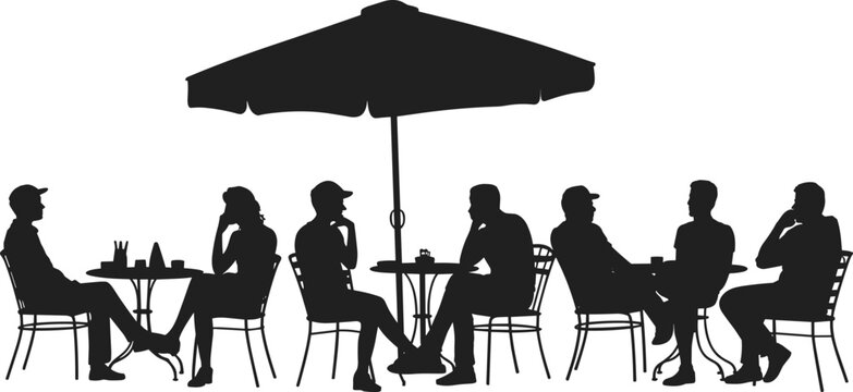Outdoor caf&eacute; silhouette people social gathering conversation under umbrella, flat vector