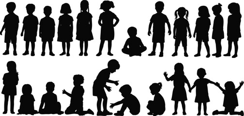 Kids silhouettes collection children different poses standing sitting playing isolated flat vector © Samiul