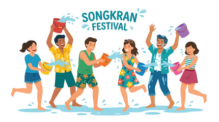 Fototapeta premium Vector of happy Thai people playing in the water celebrating 