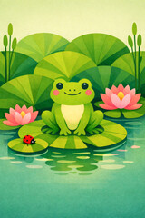 Fototapeta premium Cute Happy Frog on Lily Pad with Ladybug in Pond Scene Illustration
