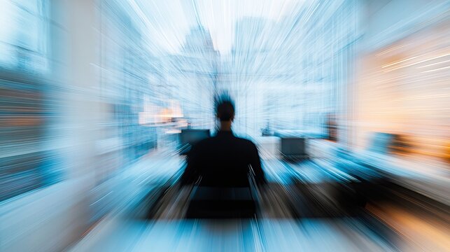 A blurred silhouette of a man riding an escalator in a modern building with a sense of motion and speed