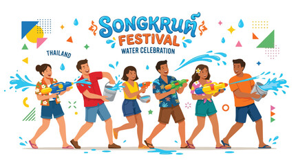 Fototapeta premium Vector of happy Thai people playing in the water celebrating 