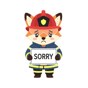 Cute anthropomorphic fox character dressed as a firefighter, holding a 'Sorry' sign and displaying a sad, apologetic expression in a charming vector illustration