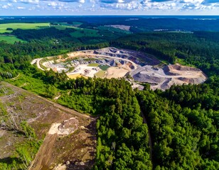 Obraz premium Aerial shot of a quarry surrounded by lush greenery with rolling hills, under a partly cloudy sky