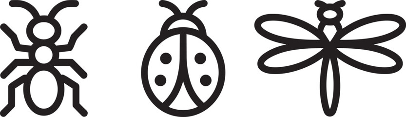 Collection of simple insect icons including ant ladybug and dragonfly line art. © Pappu0099