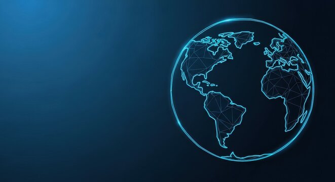 Abstract Digital Globe Illustration with Blue Neon Wireframe and Geometric Continent Outlines on Dark Background
