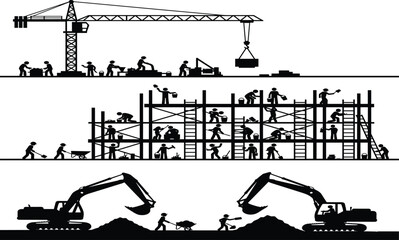 Obraz premium Set of horizontal construction site banners with worker silhouettes, tower crane lifting loads, builders on scaffolding, and heavy excavators digging soil in black vector.