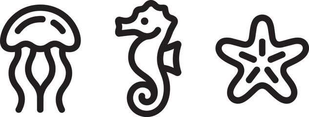 Jellyfish seahorse and starfish icons for marine life and ocean underwater world illustrations. © Pappu0099