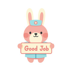 Obraz premium Cute pink bunny nurse in uniform holding a sign that says 'Good Job', perfect for celebrating achievements and encouragement
