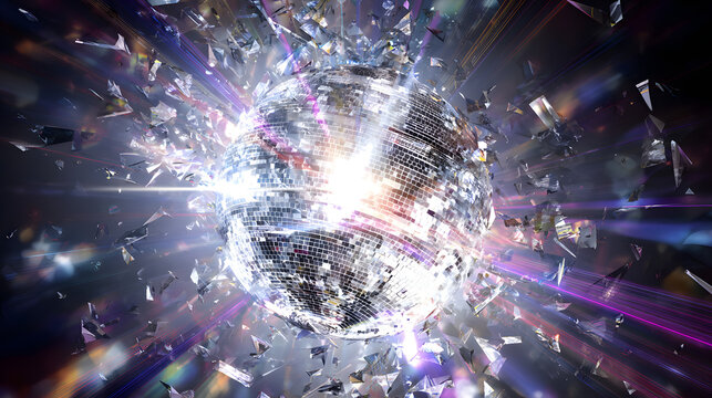 Glowing Silver Disco Ball Exploding with Shimmering Fragments and Radiant Light Effects
