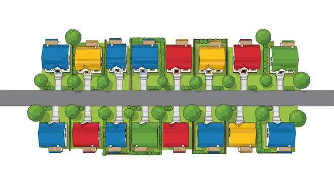 Two parallel rows of colorful cartoon-style houses flank a grey road in a top-down aerial view.