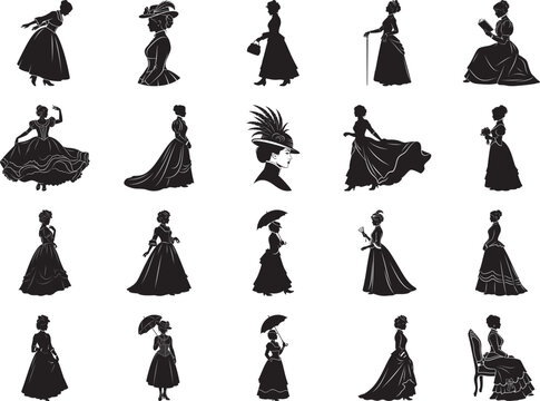 Victorian Women Silhouette Bundle Elegant Ladies in Period Dresses